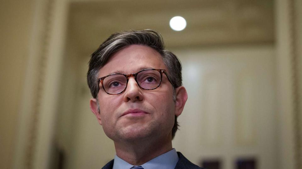 PHOTO: Speaker of the House Mike Johnson (R-LA) gives a brief statement to reporters about the mass shooting in Lewiston, Maine after a meeting with Australian Prime Minister Anthony Albanese at the Capitol, Oct. 26, 2023 in Washington, DC. (Drew Angerer/Getty Images)