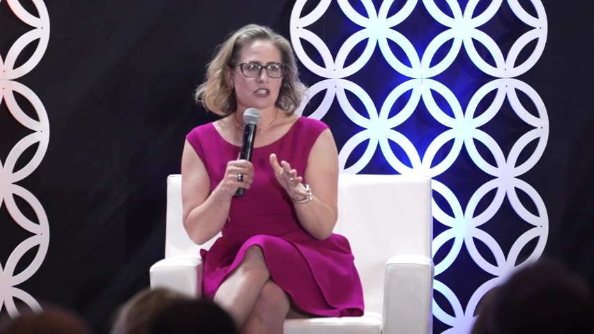 U.S. Sen. Kyrsten Sinema, D-Ariz., speaks at an Arizona Chamber of Commerce and Industry event on April 12, 2022.