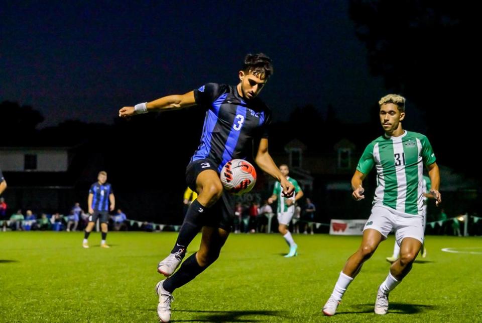 Kentucky defender Lucca Rodrigues controlled the ball during UK’s match at Marshall on Saturday night at Hoops Family Field in Huntington, W.Va. The teams played to a 0-0 draw.