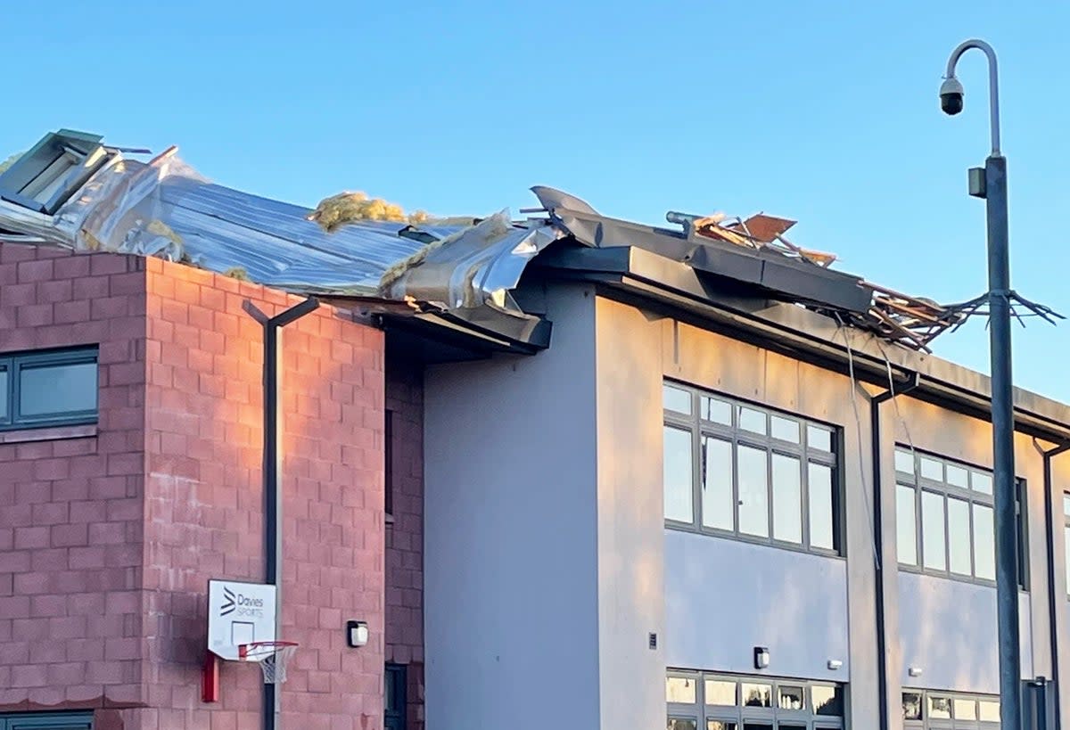 A damaged roof of Burnside Primary School in Carnoustie, Angus, Scotland, as a result of storm Otto (PA)