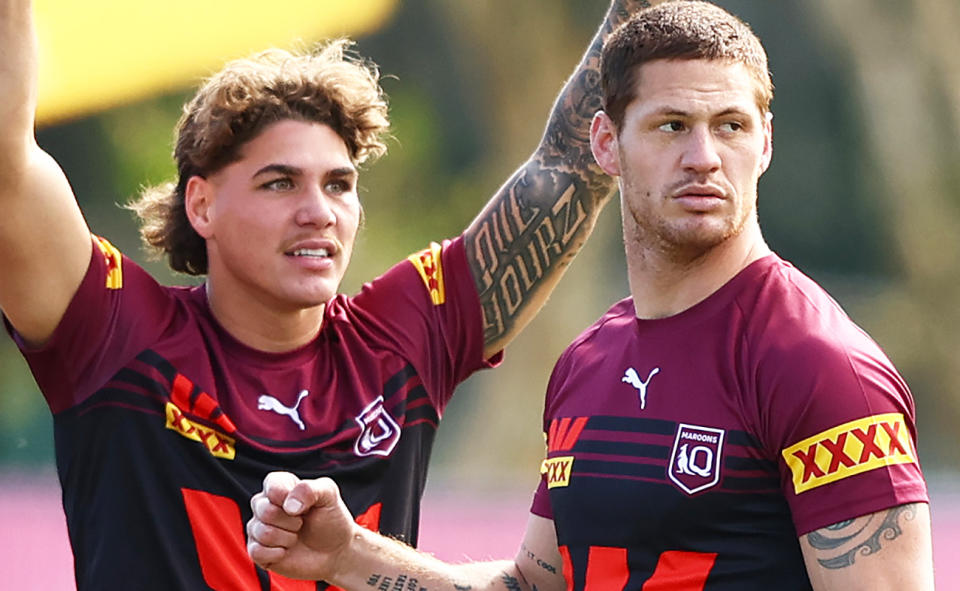 Reece Walsh and Kalyn Ponga at Queensland training.