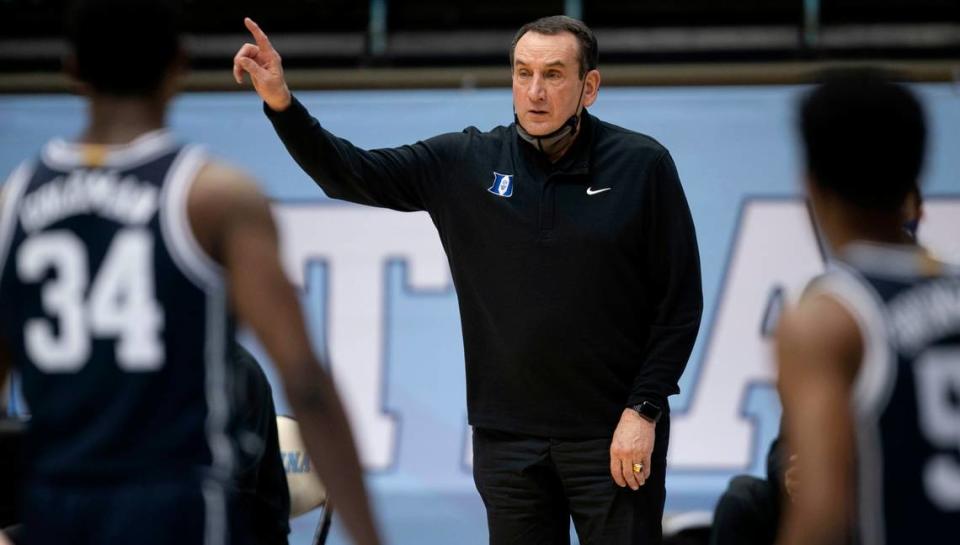 Duke coach Mike Krzyzewski directs his players late in the second half against North Carolina on Saturday, March 6, 2021 at the Smith Center in Chapel Hill, N.C.