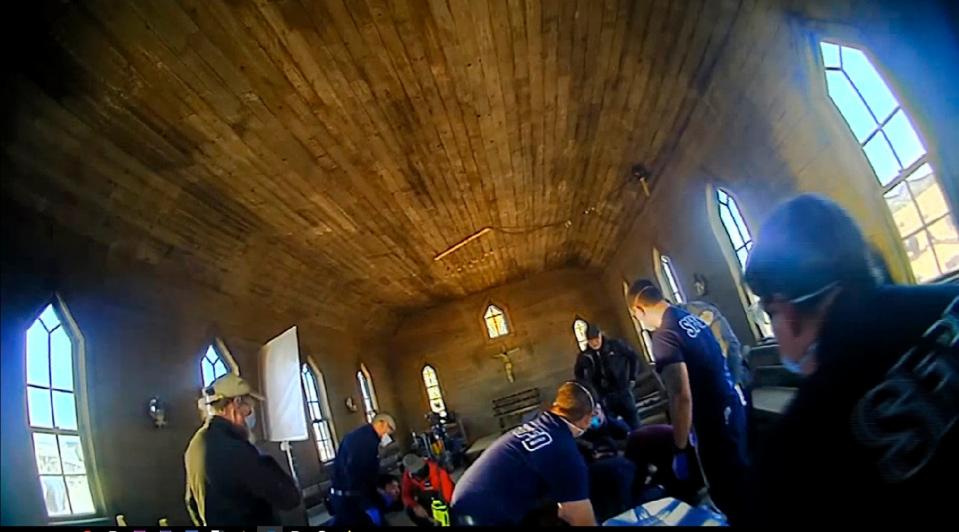 An image from video released by the Santa Fe County Sheriff's Office shows the scene inside a prop church on the New Mexico Western set that was used by the producers of "Rust." In this church, actor Alec Baldwin discharged a weapon that was not supposed to contain a live bullet, which killed cinematographer Halyna Hutchins.