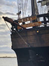 A replica of the Nina is moored, Wednesday, Feb. 19, 2020, in Biloxi, Miss. The Nina, a replica of Columbus' caravels is touring Mississippi, Alabama and Florida until May. Columbus sailed across the Atlantic on three ships on his voyage to the New World beginning in 1492. (AP Photo/Stacey Plaisance)