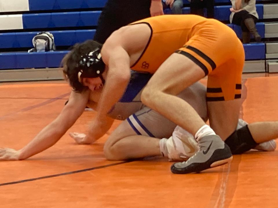 Cathedral Prep's Kaemen Smith takes down Reynolds' Cameron Klenke during their 152-pound match of Tuesday's non-region wrestling dual between the Ramblers and Raiders at Joann Mullen Gymnasium. Smith pinned Klenke with 39 seconds left in their match, which also helped Prep beat Reynolds 39-33.