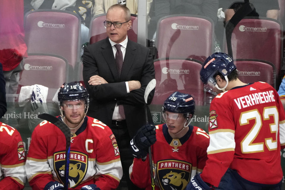 Florida Panthers head coach Paul Maurice watches during the third period of Game 3 of an NHL hockey Stanley Cup first-round playoff series against the Boston Bruins, Friday, April 21, 2023, in Sunrise, Fla. (AP Photo/Lynne Sladky)