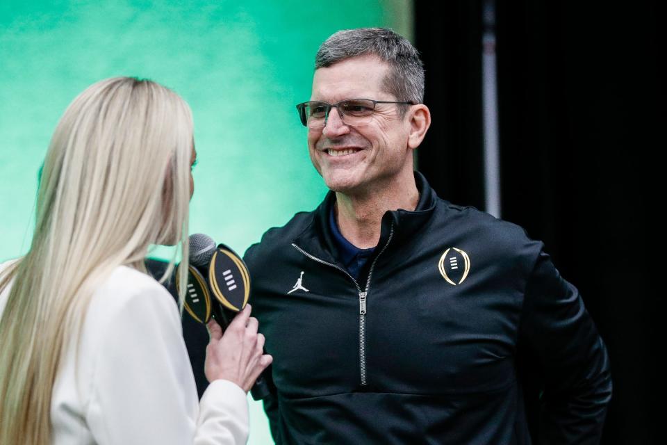 Michigan head coach Jim Harbaugh is interviewed during national championship game media day at George R. Brown Convention Center in Houston, Texas on Saturday, Jan. 6, 2024.