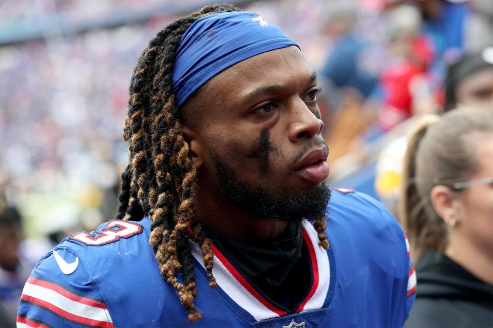 ORCHARD PARK, NEW YORK - OCTOBER 09: Damar Hamlin #3 of the Buffalo Bills walks to the tunnel during halftime against the Pittsburgh Steelers at Highmark Stadium on October 09, 2022 in Orchard Park, New York. (Photo by Bryan Bennett/Getty Images)