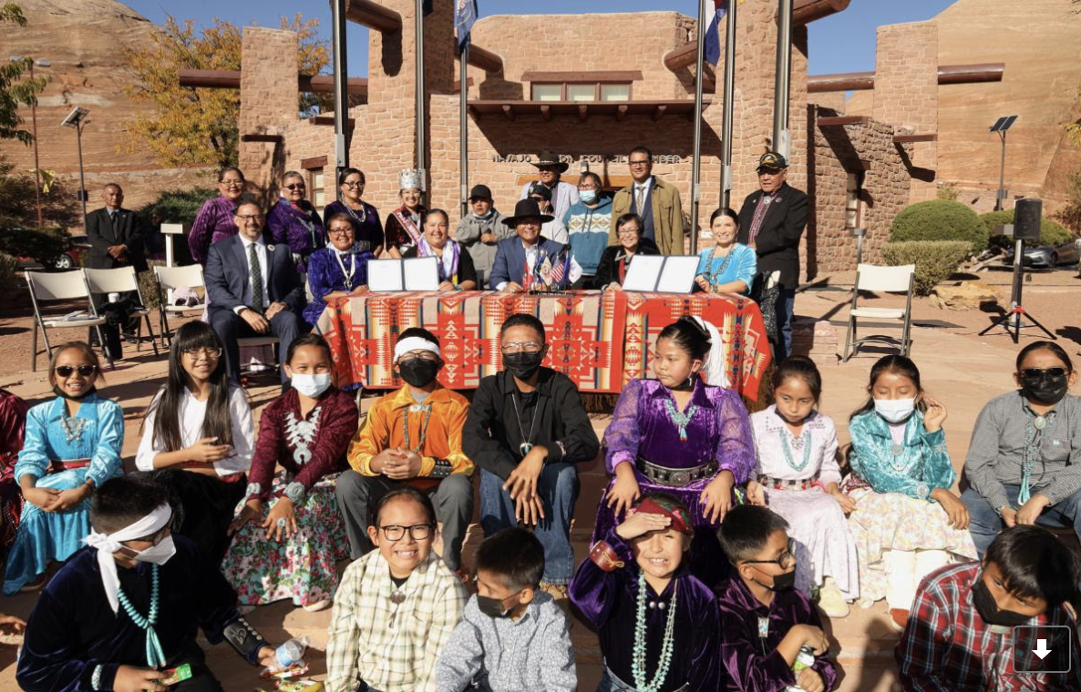 The 25th Navajo Nation Council was joined by President Dr. Buu Nygren, Vice-President Richelle Montoya and students from Tsehootsooí Diné Bi’Ólta’ during the signing of the Domestic Violence Awareness Month proclamation. (Photo/Navajo Nation)