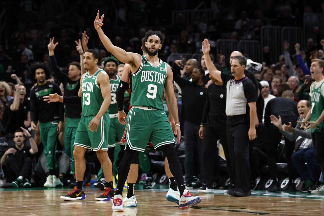 May 25, 2023; Boston, Massachusetts, USA; Boston Celtics guard Derrick White (9) reacts during the second quarter of game five against the Miami Heat in the Eastern Conference Finals for the 2023 NBA playoffs at TD Garden. Mandatory Credit: Winslow Townson-USA TODAY Sports