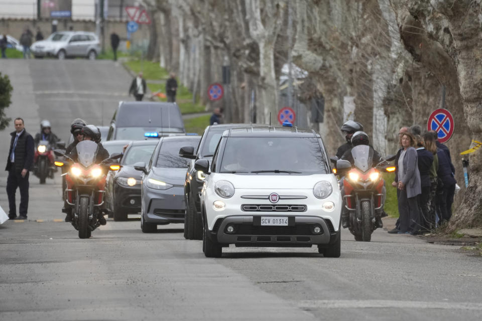 Pope Francis arrives at the Rebibbia prison to celebrate the Last Supper mass with inmates on Holy Thursday, in Rome, Thursday, March 28, 2024. (AP Photo/Andrew Medichini)