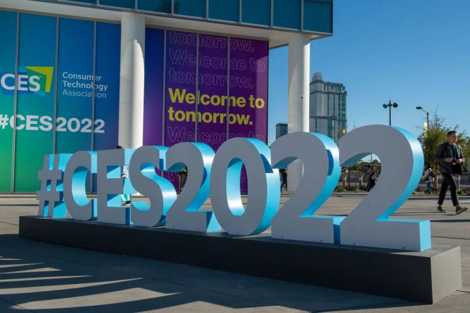 A large hashtag "#CES2022" stands in front of the grounds of the CES tech show in Las Vegas.