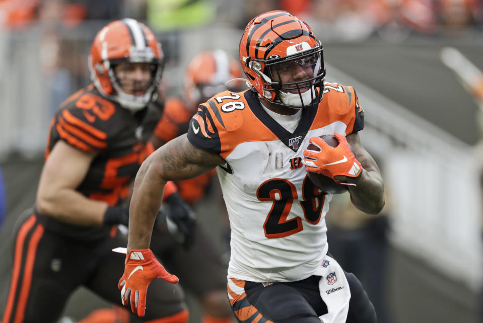 Cincinnati Bengals running back Joe Mixon rushes during the second half of an NFL football game against the Cleveland Browns, Sunday, Dec. 8, 2019, in Cleveland. (AP Photo/Ron Schwane) FBN