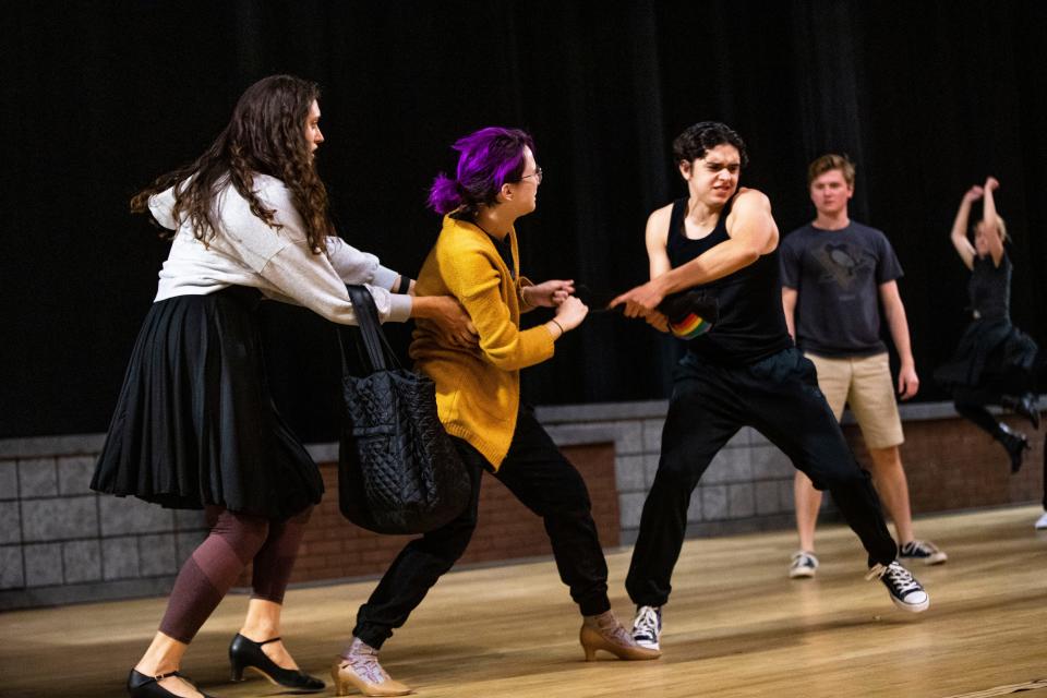 Actors work on blocking during a rehearsal for South Bend Civic Theatre’s production of “West Side Story” Monday, Oct. 3, 2022, at the Morris Performing Arts Center in South Bend.