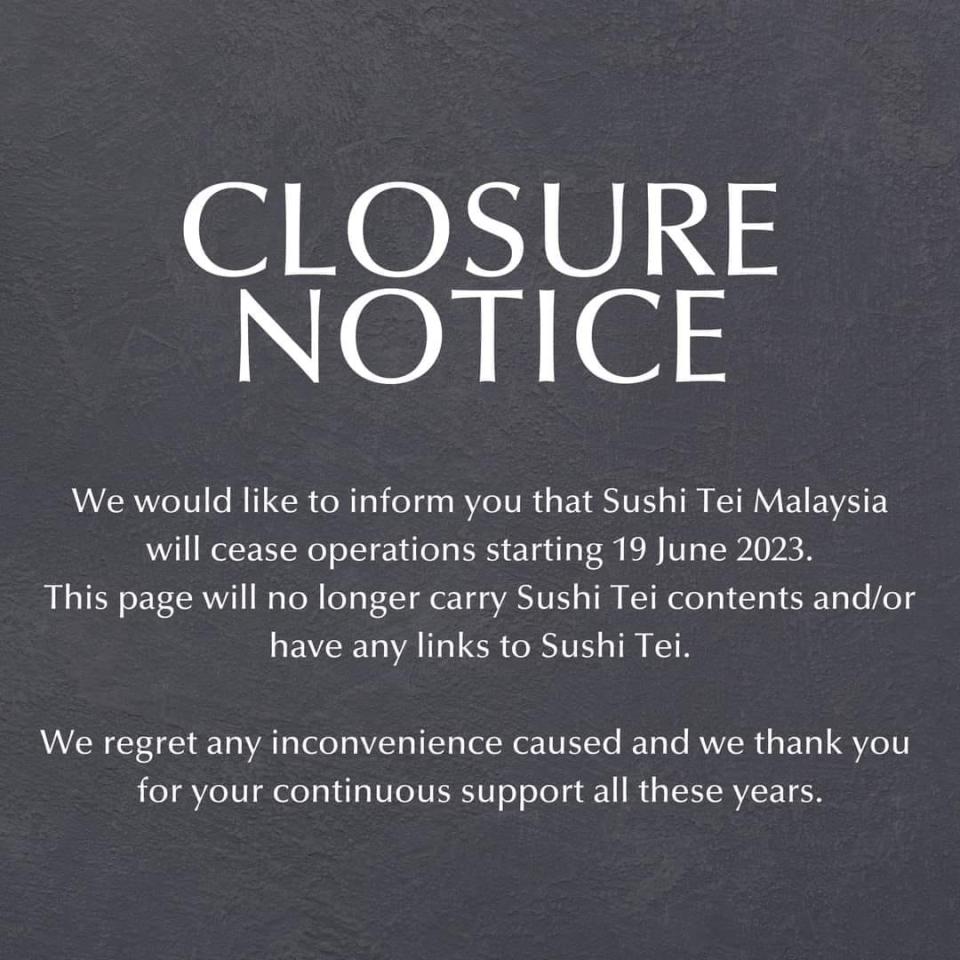 Sushi Tei Malaysia - Closure notice poster