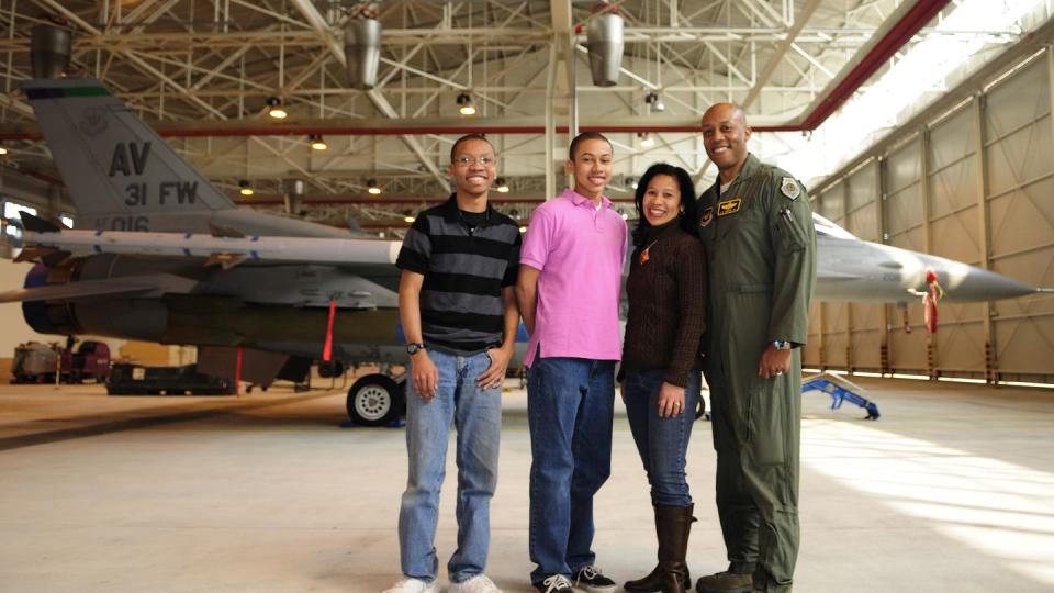 Then-Brig. Gen. CQ Brown, his wife Sharene, and sons Sean and Ross at the 31st Fighter Wing at Aviano Air Base in Italy in 2011. (Courtesy of the Brown family)