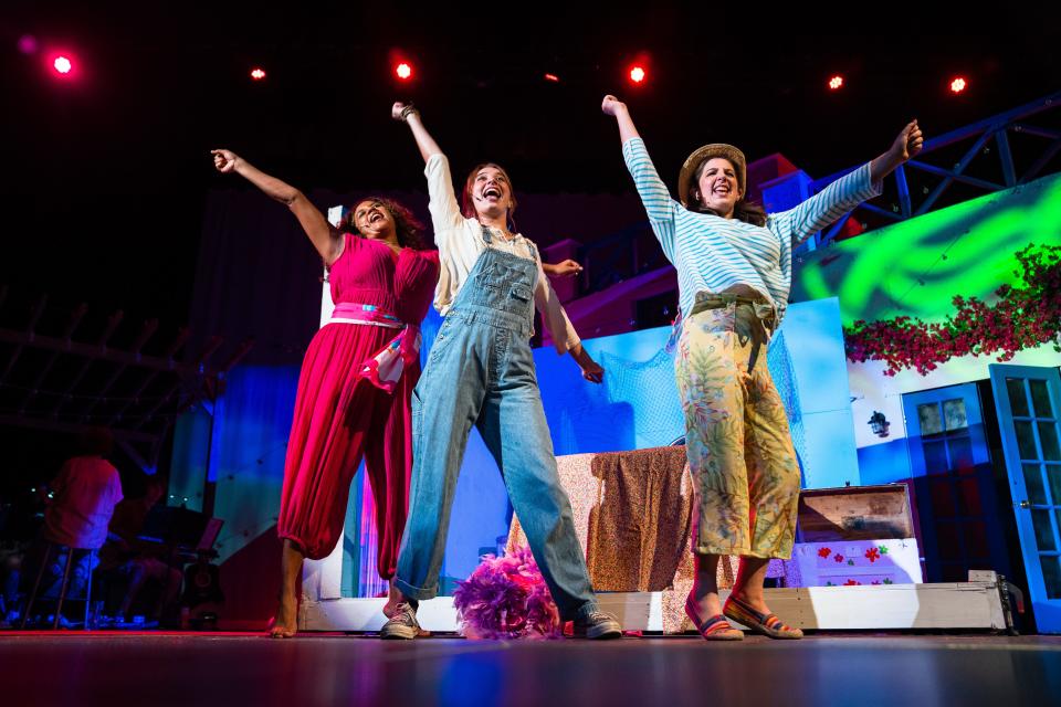 From left, Maya Dhakal plays Tanya, Parker Cropp plays Donna, and Naomi Goldman plays Rosie during a dress rehearsal for an upcoming PSD performance of Mamma Mia! at Fossil Ridge High School on Tuesday, July 18, 2023 in Fort Collins, Colo. Over 100 local high schoolers will participate in the production, which runs July 20-23.