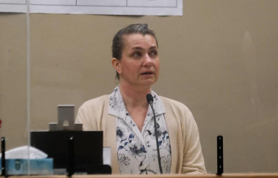 Brandi Turner testifies in the murder case against her in San Luis Obispo Superior Court on Jan. 17, 2024. Turner is accused of selling the fentanyl to Quinn Hall that killed him in 2022.