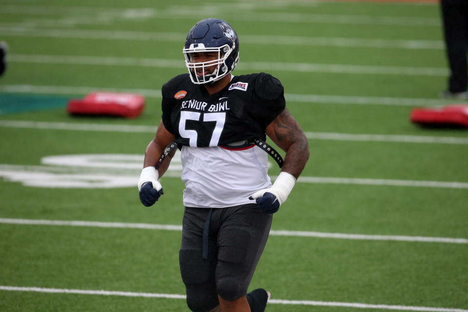 UConn's Travis Jones is one of the top defensive tackle prospects in this NFL draft. (Photo by Michael Wade/Icon Sportswire via Getty Images)