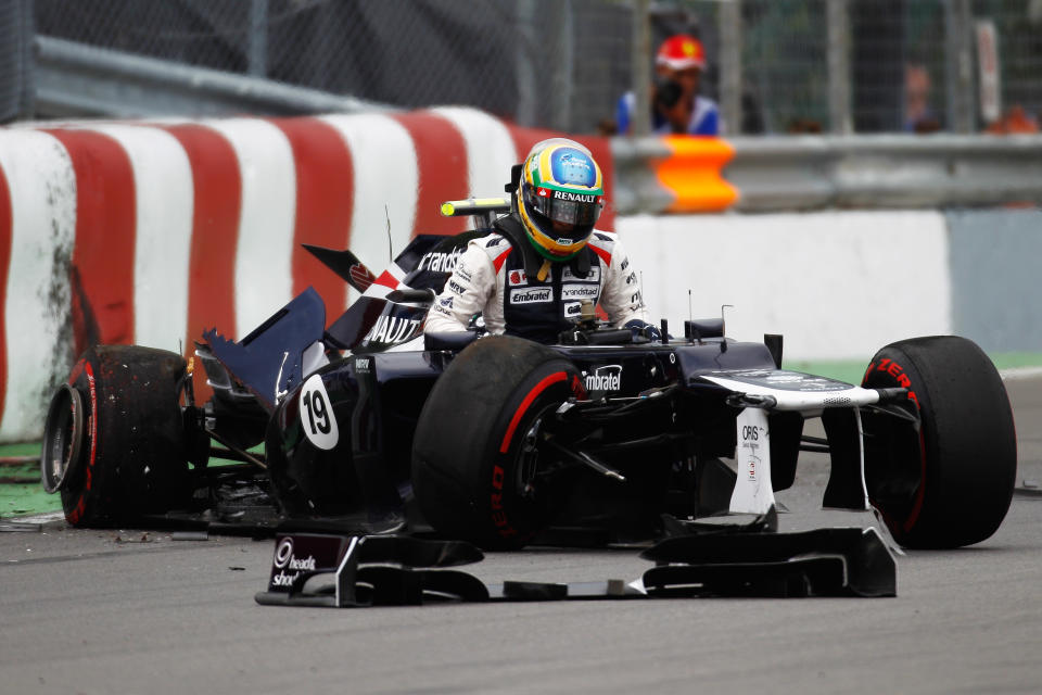 MONTREAL, CANADA - JUNE 08: Bruno Senna of Brazil and Williams crashes at the last corner during practice for the Canadian Formula One Grand Prix at the Circuit Gilles Villeneuve on June 8, 2012 in Montreal, Canada. (Photo by Paul Gilham/Getty Images)