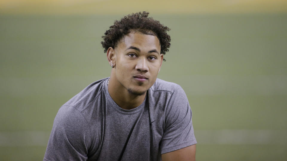 FILE - North Dakota State quarterback Trey Lance is shown at the school's football NFL Pro Day in Fargo, N.D., in this Friday, March, 12, 2021, file photo. Lance is a possible first round pick in the NFL Draft, April 29-May 1, 2021, in Cleveland.(AP Photo/Andy Clayton- King, File)