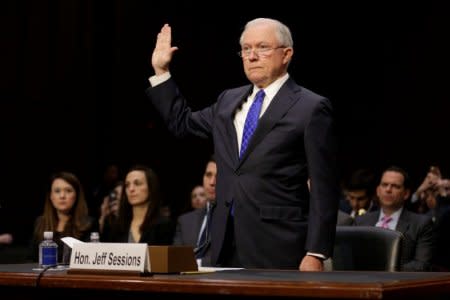 U.S. Attorney General Jeff Sessions is sworn in before testifying before a Senate Judiciary oversight hearing on the Justice Department on Capitol Hill in Washington, U.S., October 18, 2017.   REUTERS/Joshua Roberts