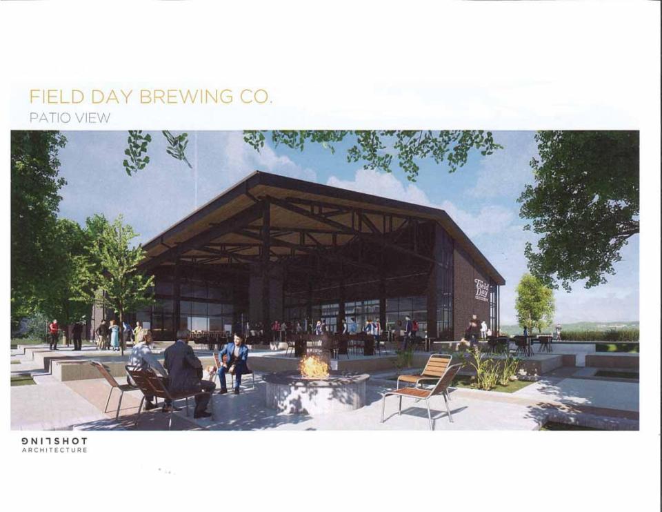 This image shows a rendering of Field Day Brewing Co., a proposed microbrewery in North Liberty. The microbrewery is shown from the patio area.