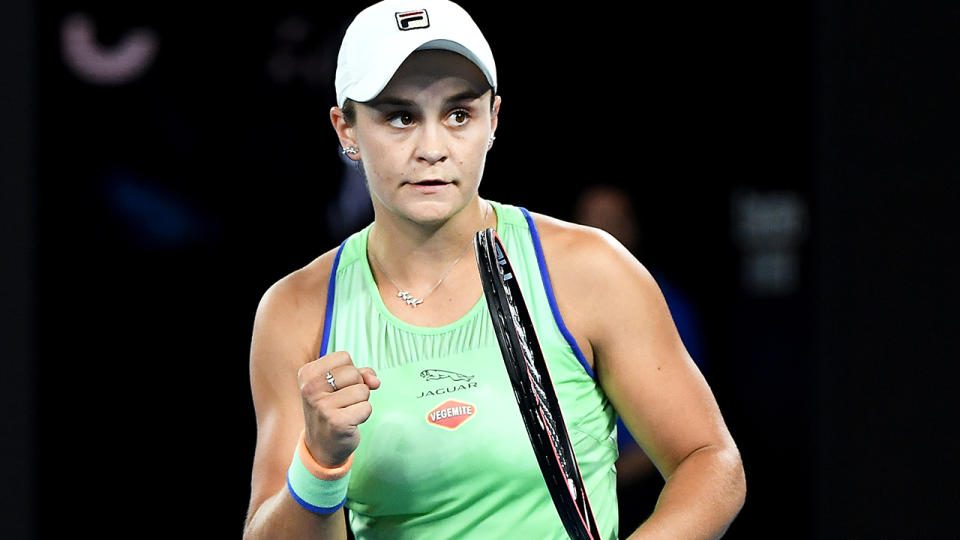 Ash Barty, pictured, battled back from a set down to defeat Lesia Tsurenko in the first round of the Australian Open.