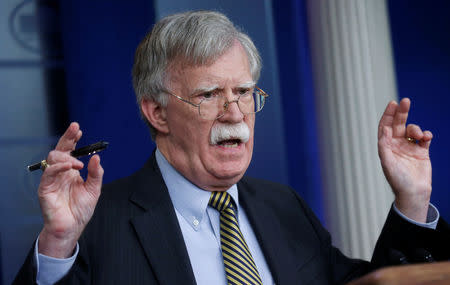 U.S. National Security Advisor John Bolton answers a question from a reporter about how he refers to Palestine during a news conference in the White House briefing room in Washington, U.S., October 3, 2018. REUTERS/Leah Millis