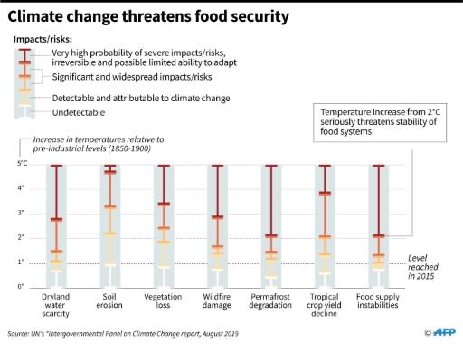 Chart showing how climate change threatens food security, according to a new report by the UN's Intergovernmental Panel on Climate Change (IPCC)