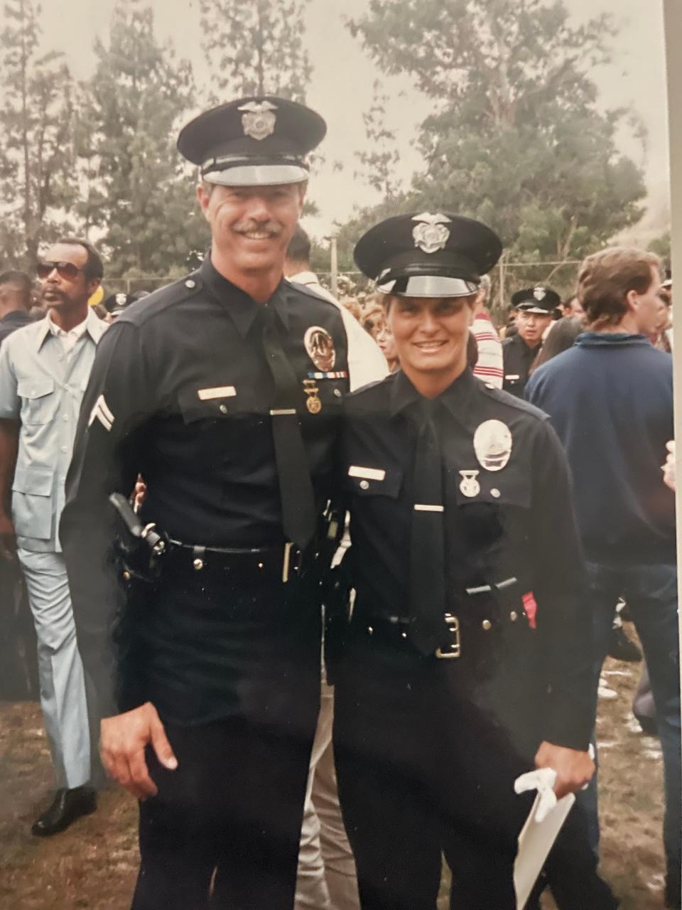 After serving in the U.S. Army, Ruth Crowe, right, moved to Los Angeles and joined the LAPD. She was an officer when five days of riots broke out across the city in reaction to the verdict acquitting four white police officers in the beating of Rodney King, a Black man.