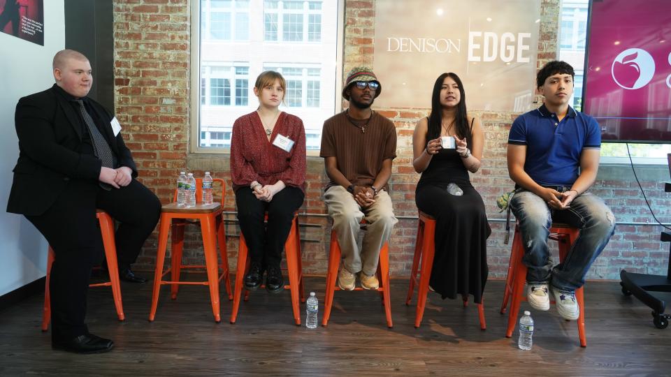 Student journalists discuss their successes with the Columbus Journalists in Training program. From left is Timothy Walsh of Briggs High School; Clementine Easton of Whetstone High School; Amari King of Centennial High School; Citlali Leon of Beechcroft; and Angel Pinto of Beechcroft High School. This was one of the moments from the finale of the Columbus Journalists in Training ceremony held Saturday at the Denison EDGE in downtown Columbus.