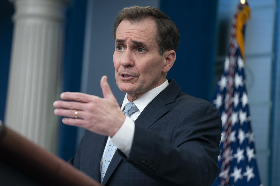 National Security Council spokesman John Kirby speaks during a press briefing at the White House, Monday, Feb. 13, 2023, in Washington. (AP Photo/Evan Vucci)