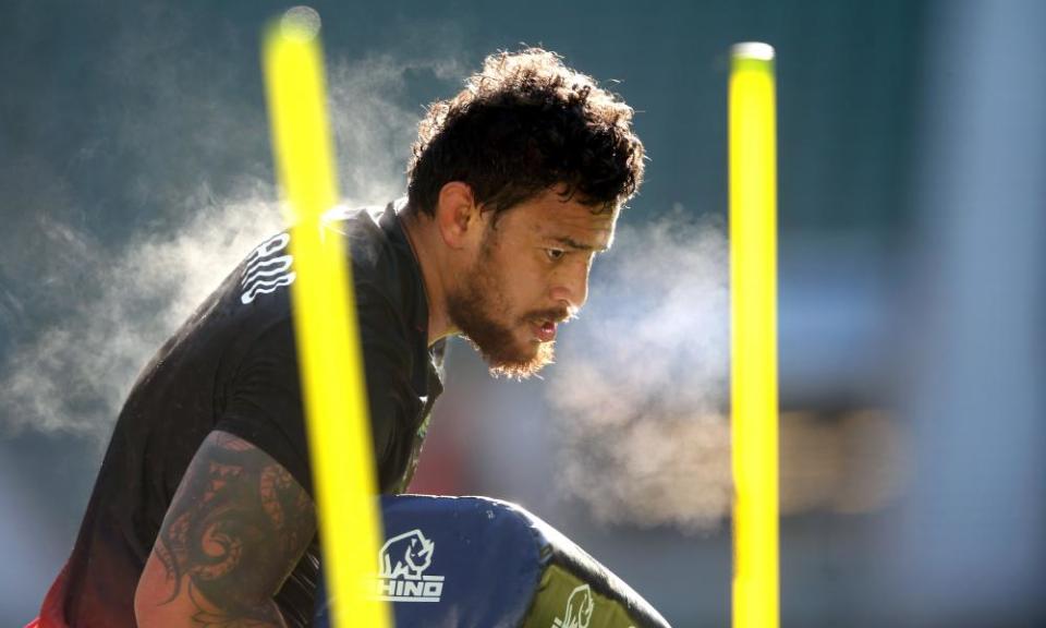 Steam rises from England’s Nathan Hughes during a ‘sweaty’ training session at Twickenham.