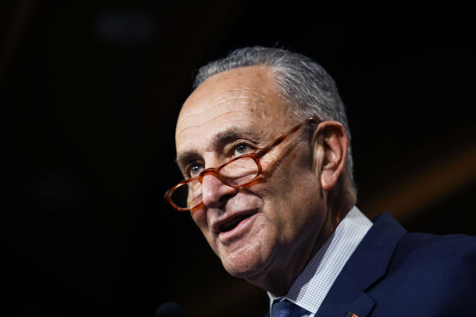 Democratic leader Sen. Chuck Schumer, D-N.Y., talk to reporters about the impeachment trial of President Donald Trump on charges of abuse of power and obstruction of Congress, at the Capitol in Washington, Thursday, Jan. 16, 2020. (AP Photo/Matt Rourke)