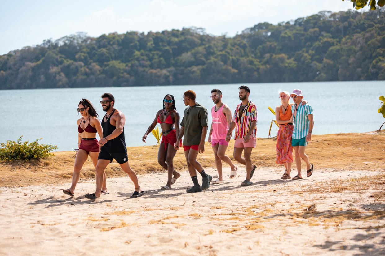 Lauren, Dylan, Brittne, Sean, Rehman, Ashmal, Corey and Wilder are ready to go from couples to throuples. (Paul Castillero/PEACOCK)