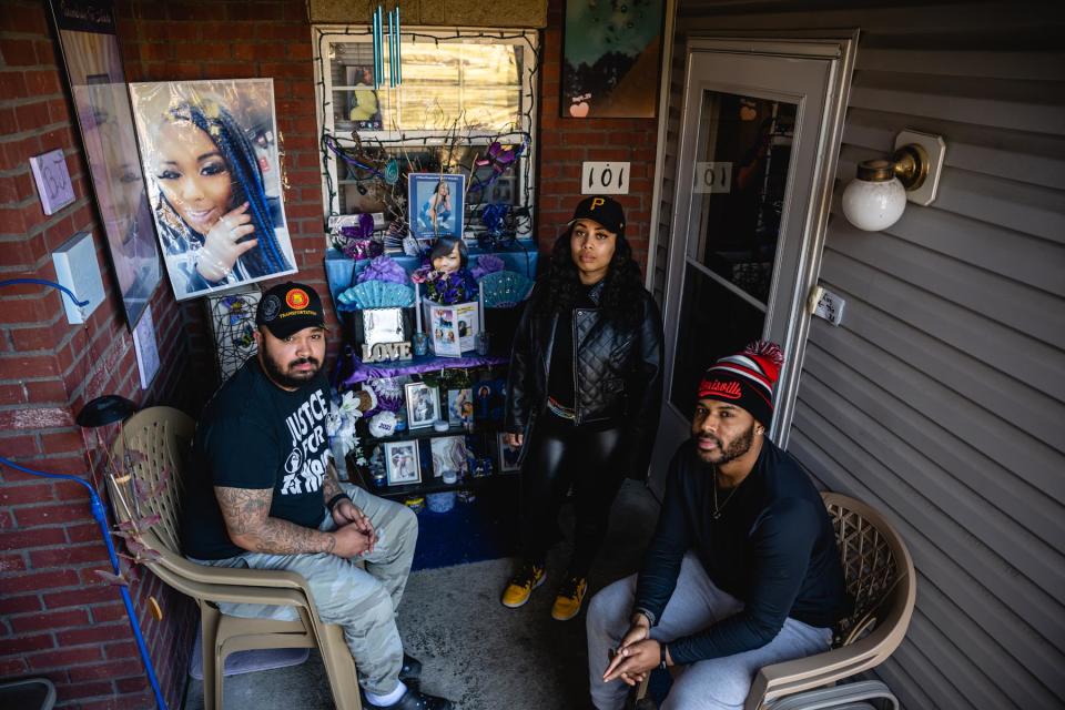 Chappell’s siblings Joshua Shea, Ronesha Murrell, and Jeffontae McClain (from left) on the porch of their mother LaVita’s house in Morehead, Kentucky.