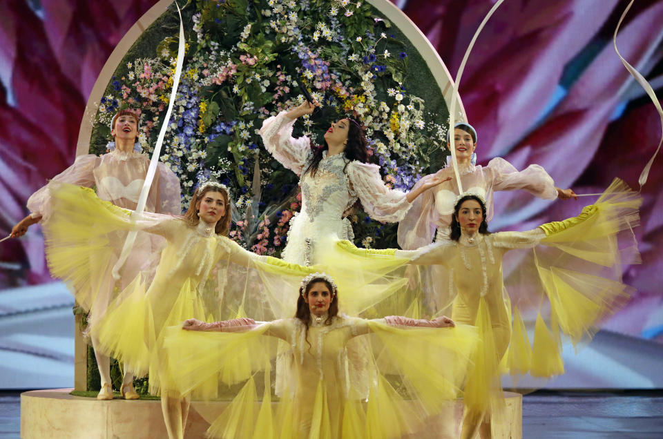 Katerine Duska of Greece performs the song "Better Love" during the 2019 Eurovision Song Contest grand final in Tel Aviv, Israel, Saturday, May 18, 2019. (AP Photo/Sebastian Scheiner)