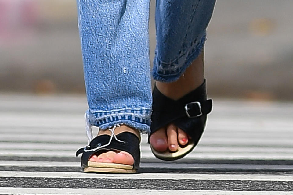 A closer view of Lily-Rose Depp’s sandals. - Credit: Robert O'Neil/Splash News
