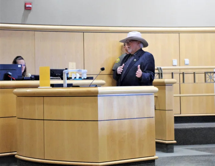 Ron Plumb addresses the Shasta County Board of Supervisors on Wednesday before its vote on whether to go forward with hiring Chriss Street as county CEO.