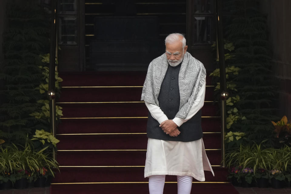 Indian Prime Minister Narendra Modi waits for the arrival of Egyptian President Abdel Fattah El-Sisi at Hyderabad house, in New Delhi, India, Wednesday, Jan. 25, 2023. Days after India blocked a BBC documentary that examines Modi’s role during 2002 anti-Muslim riots and banned people from sharing it online, authorities are scrambling to halt screenings of the film in colleges and universities and restricting its clips on social media, a move that has been decried by critics as an assault on press freedom. (AP Photo/Manish Swarup)