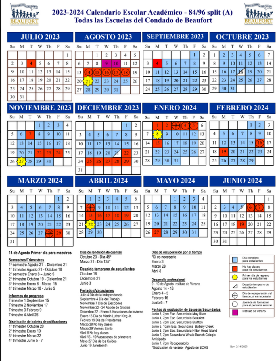 Beaufort County 2023-2024 school calendar in Spanish.