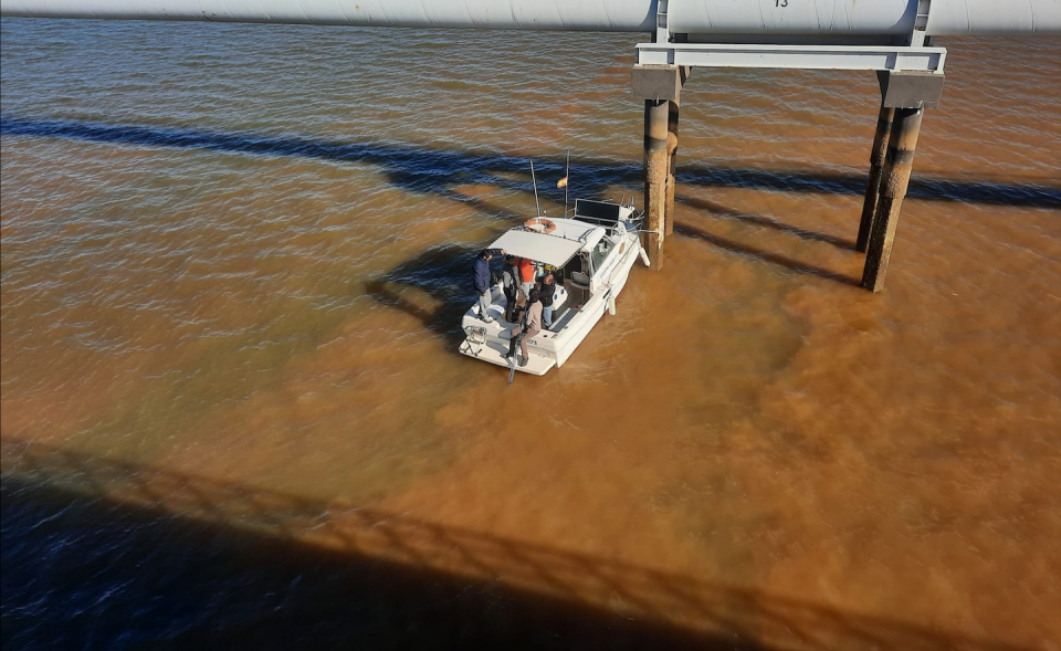 Zona de mezcla en el estuario del río Tinto. Se observan elevadas cantidades de material particulado en suspensión de colores ocres que corresponden con la precipitación de schwertmannita. Author provided