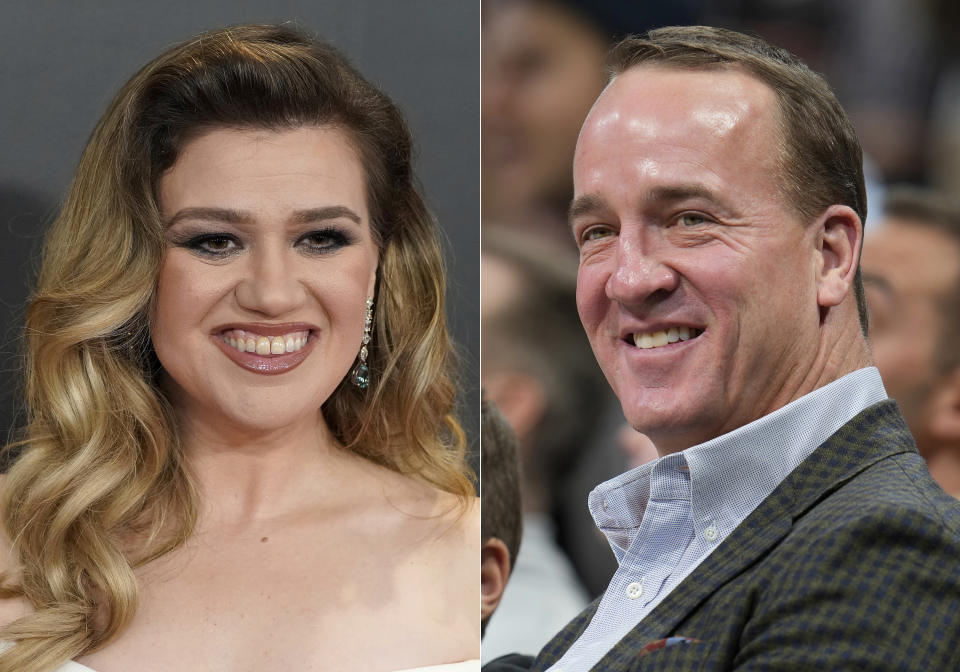 Esta combinación de fotografías muestra a Kelly Clarkson en la 66a entrega anual de los premios Grammy en Los Ángeles el 4 de febrero de 2024, izquierda, y al mariscal de campo retirado de la NFL Peyton Manning en Denver el 20 de diciembre de 2022. Clarkson y Manning se unirán al comentarista deportivo Mike Tirico en París como anfitriones de la ceremonia inaugural de los Juegos Olímpicos de París. (Foto AP)