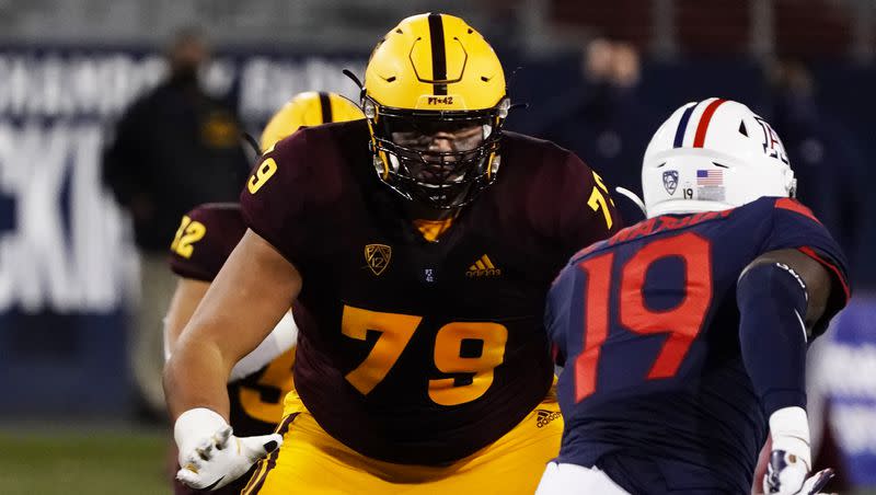 Arizona State offensive lineman Ralph Frias (79) in the first half during an NCAA college football game against Arizona, Friday, Dec. 11, 2020, in Tucson, Ariz. Frias has committed to Utah State.