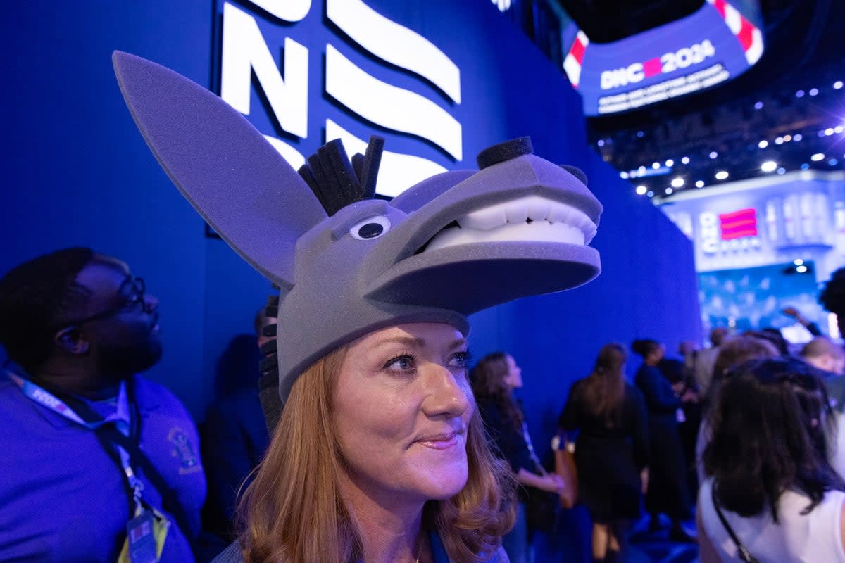 Democratic National Convention attendees went all-out this year, wearing patriotic outfits, state representative accessories and Harris-Walz merch  (EPA)