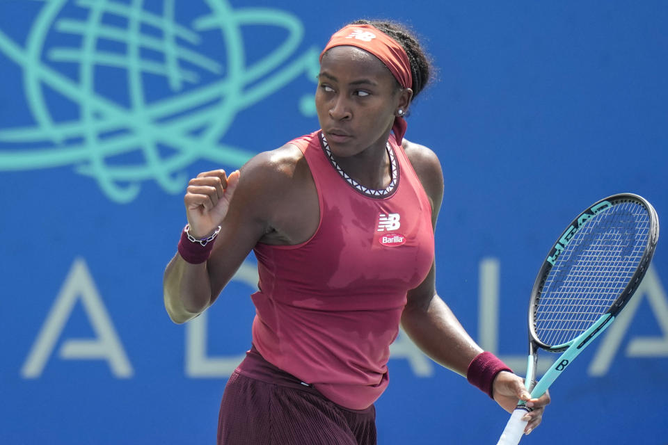 CORRECTS THAT SAKKARI IS FROM GREECE, NOT GERMANY - Coco Gauff, of the United States, celebrates after a point against Maria Sakkari, of Greece, during the women's singles final of the DC Open tennis tournament Sunday, Aug. 6, 2023, in Washington. (AP Photo/Alex Brandon)