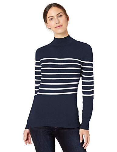 Amazon Essentials Women's Lightweight Long-Sleeve Mockneck Sweater, Navy/White Placed Stripe, X-Large