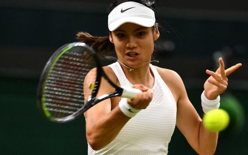 At Wimbledon 2021: Signs of progress, with Raducanu's grip being more open. As a result, she was able to meet the ball out in front of her, with the racket almost perpendicular to the ground 