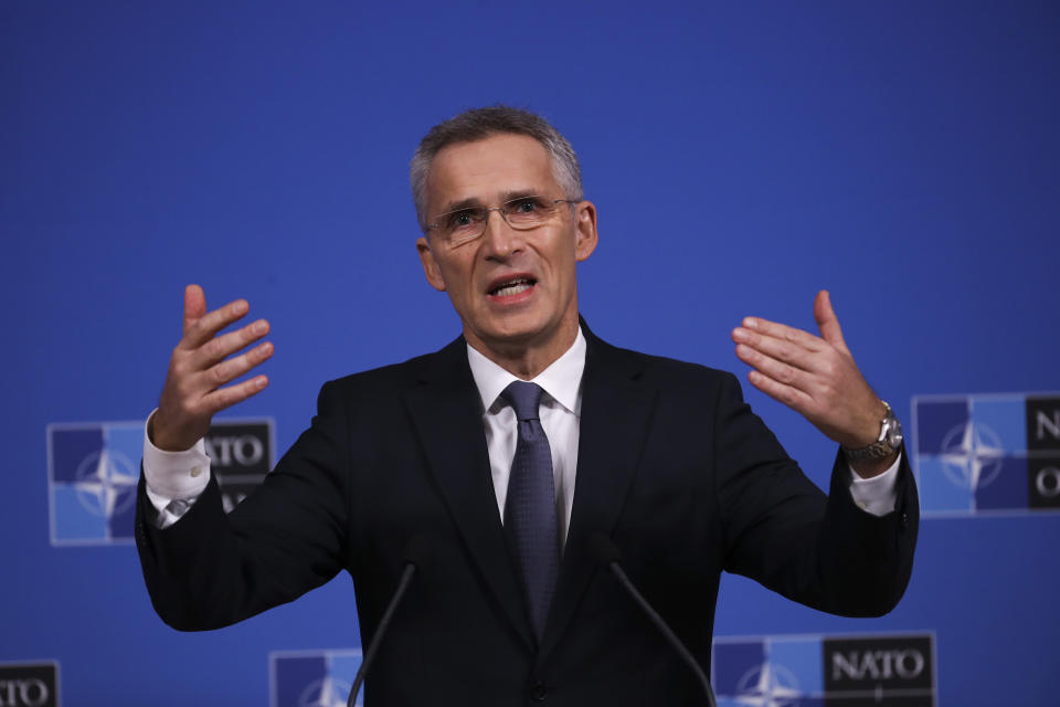 NATO Secretary General Jens Stoltenberg gestures as he answers a question during a news conference at NATO headquarters in Brussels, Tuesday, Nov. 19, 2019. The presser is ahead of a meeting of NATO Foreign Ministers to focus on defense spending, terrorism, and continued tense ties with Russia. (AP Photo/Francisco Seco)